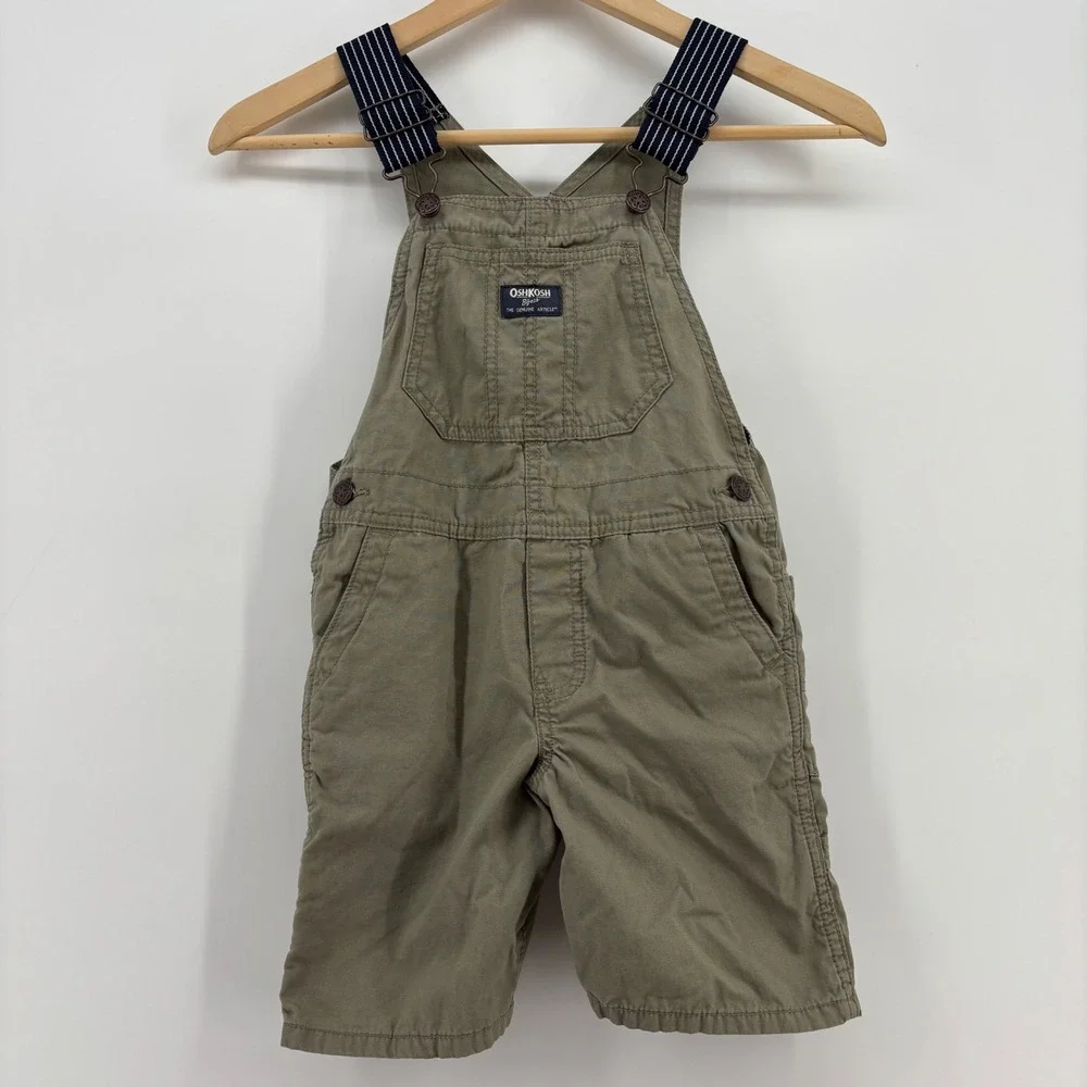 OshKosh B'gosh Kids Canvas Overalls 5T Olive Green Vestbak Striped Straps Gorp